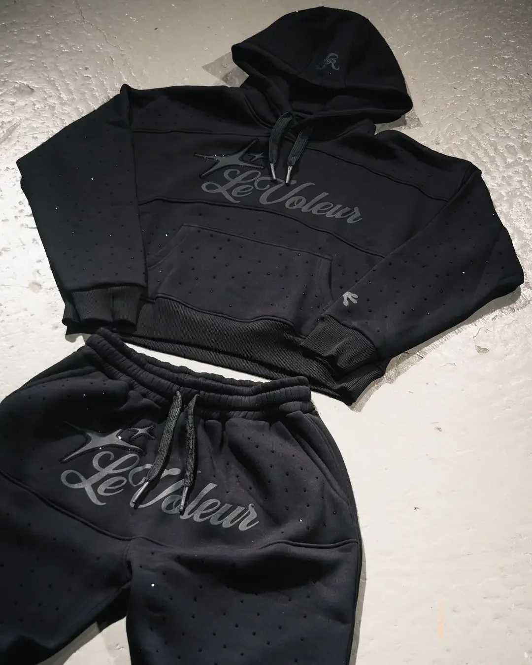 HipHop Letter Embroidered Hoodie Sweatshirt Two Piece Set Y2K Men Vintage Streetwear Set Rhinestone Sequins Oversized Sweatshirt X250228
