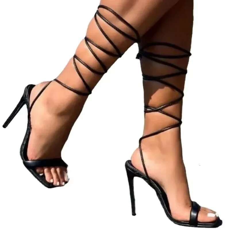 Ladies Plus Size Ankle-wrap Women's Outdoor Dress Sandals Square Toe Thin Heels Cross-tied Shoes Women