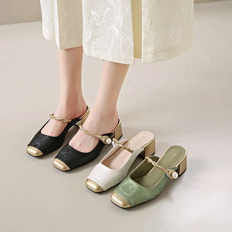 Satin Square Toe High Heels Fashion Designer Sandals Green Sgback Party Dress Shoes Muller Pumps Women