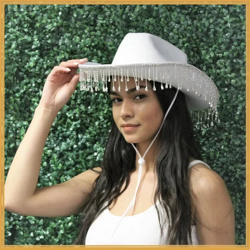 Rhinestone Fringe Western Cowboy Hat Tiara Cowgirl Hat Western Style Girl Wide Brim Felt Cowgirl Cap Costume Cosplay Party Hats 250227