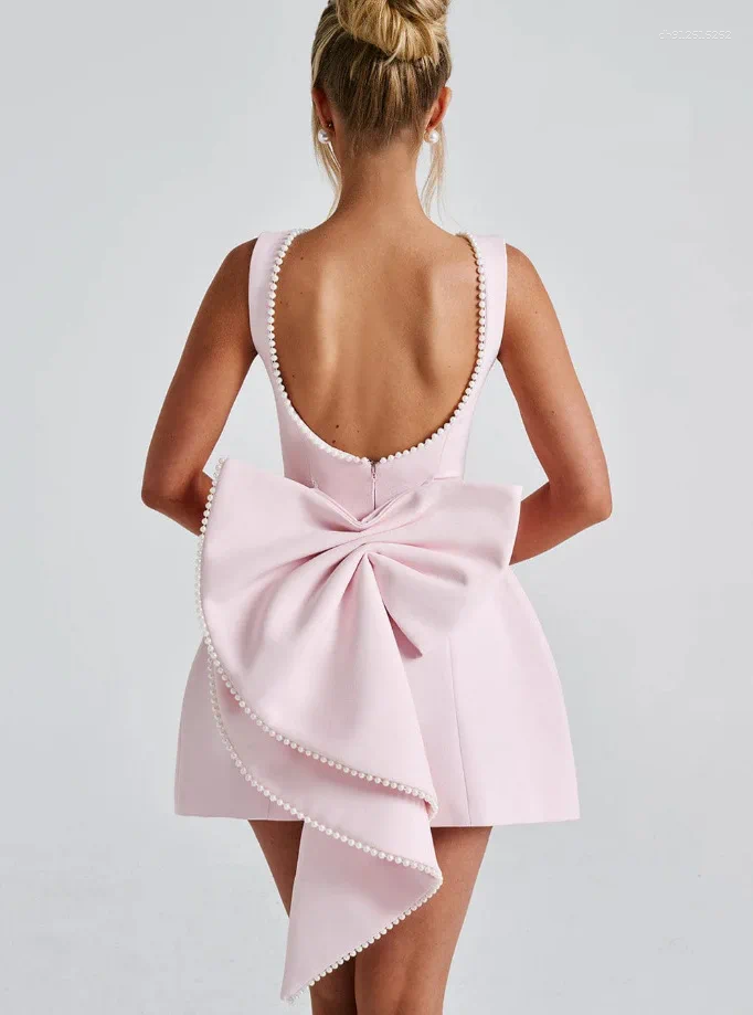 Casual Dresses Elegant Pearl Bow Backless Short Dress Women's Sleeveless Party Cute Mini Black White Pink Chic Birthday Evening Y2K