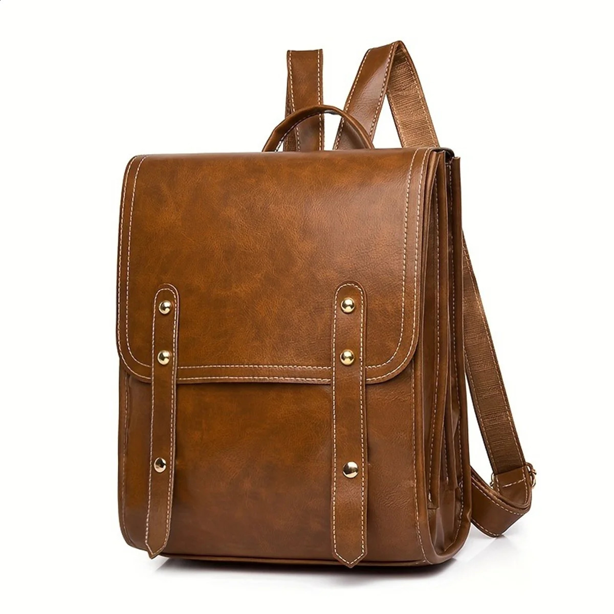 Ship from US Vegan Leather Backpack Vintage Laptop Bookbag For Women Men Brown Faux Purse Weekend Travel Daypack 250304FBB