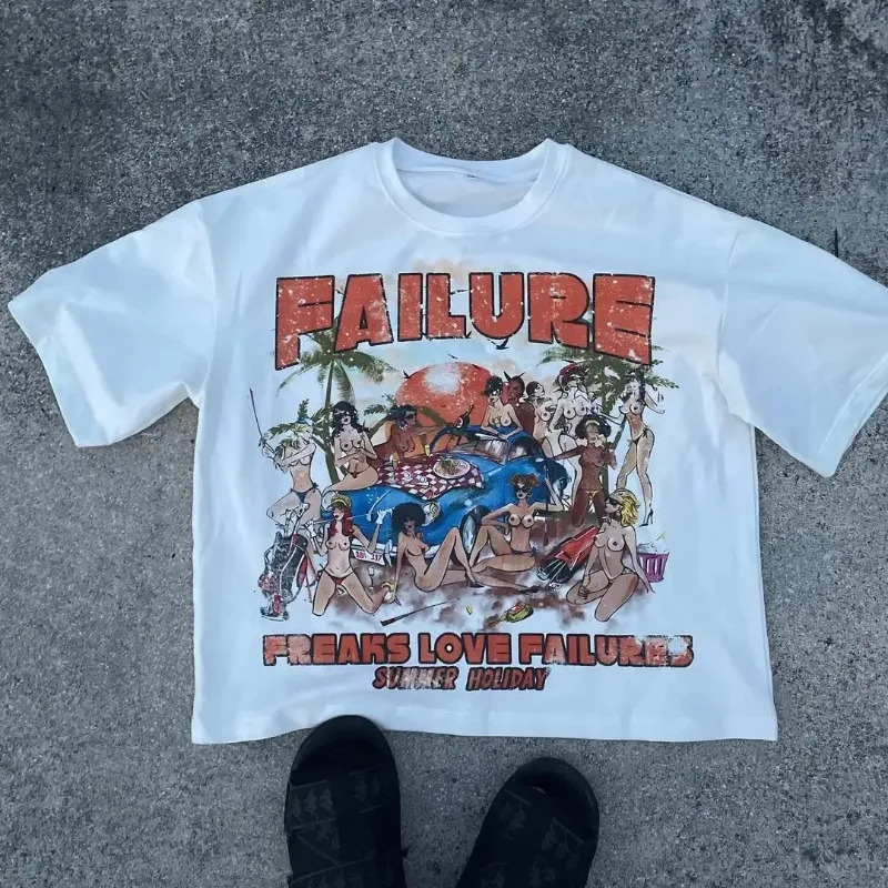Hiphop Graphic Tshirt Print Oversized Gothic Smart Casual American Harajuku Streetwear Y2k Top Menswear 250312