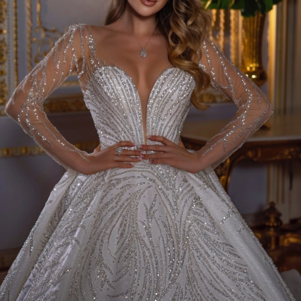 Classic A e Women Wedding Sweetheart Neck Long Sleeves Bridal Gowns Sequins Lace Sweep Train Dress Custom Made