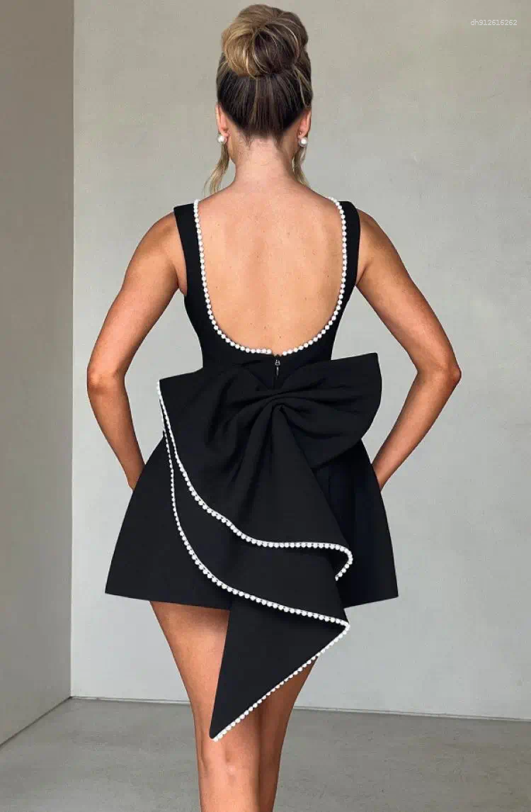Casual Dresses Elegant Pearl Bow Backless Short Dress Women's Sleeveless Party Cute Mini Black White Pink Chic Birthday Evening Y2K