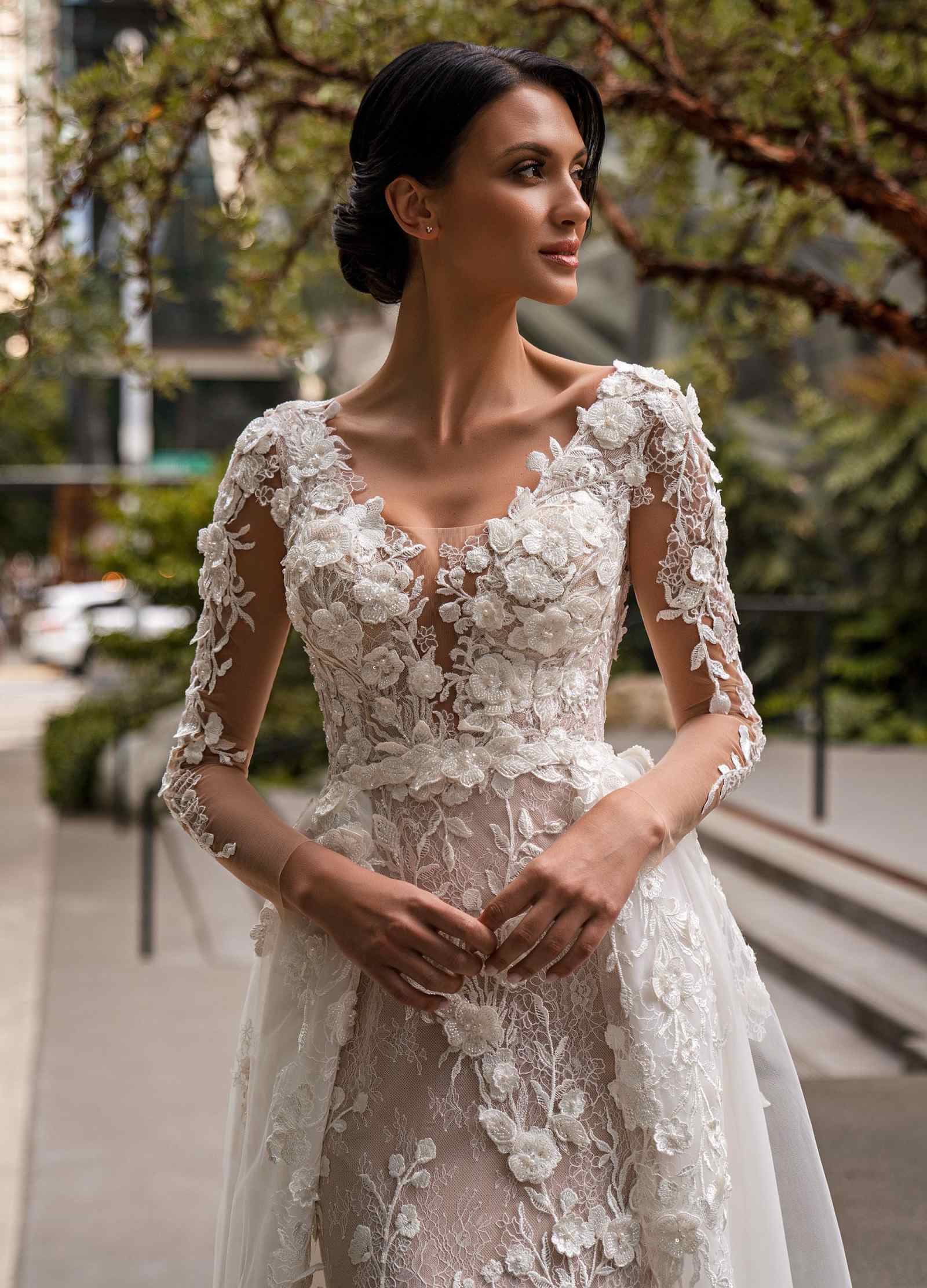 Customized Vintage Mermaid Wedding Dress With Detachable Train V Neck wers Appliques Long Seeve Princess Bridal Gowns