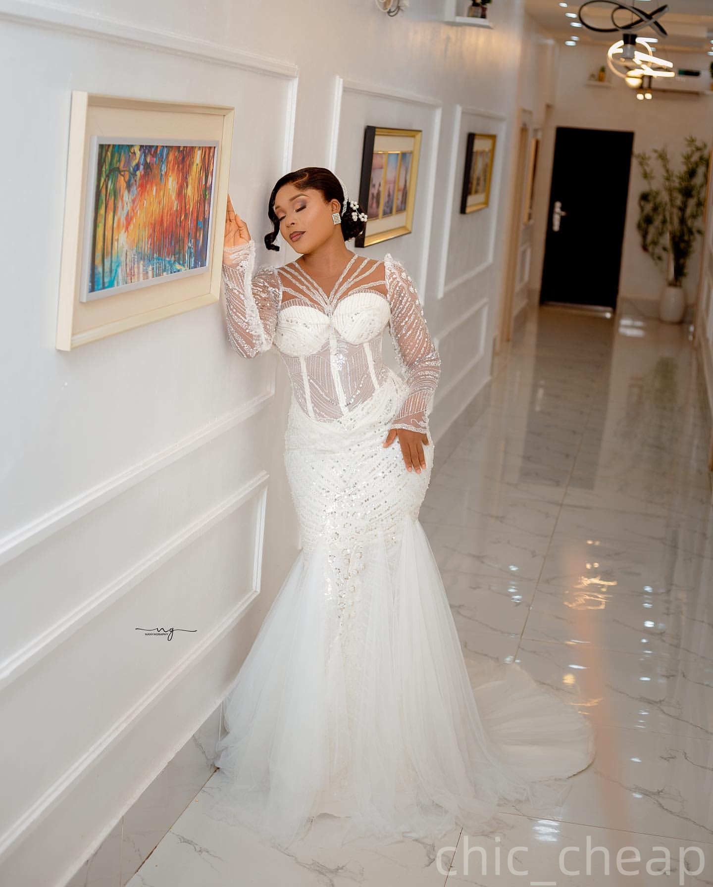 2025 Arabic Aso Ebi Plus Size Ivory Wedding Dress Beaded Sequined Full Sleeves Sheer Neck Bridal Gowns Dresses ZJ057