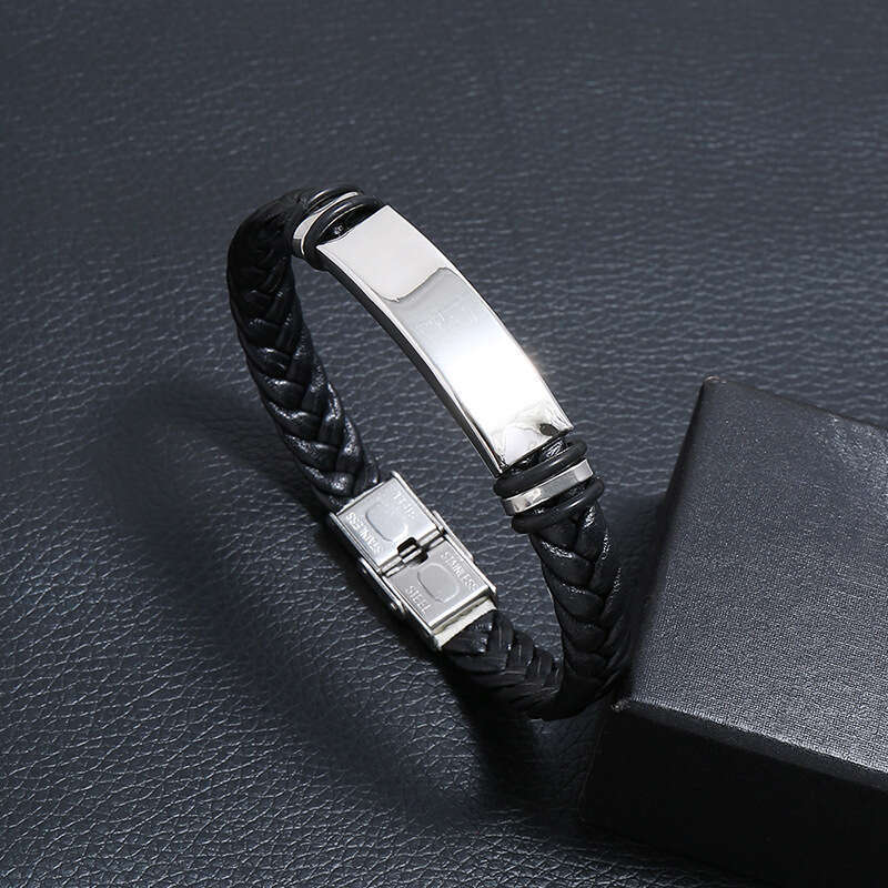 Leather woven stainless steel men's simple smooth PU leather bracelet