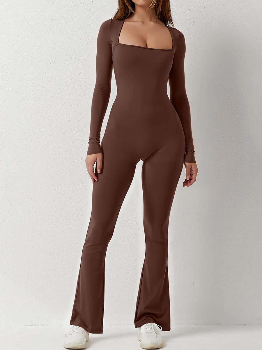 Womens Skinny Jumpsuits Autumn Casual Long Sleeve Square Neck Solid Color Slim Fit Overalls Ladies Fall Romper Club Streetwear 250225