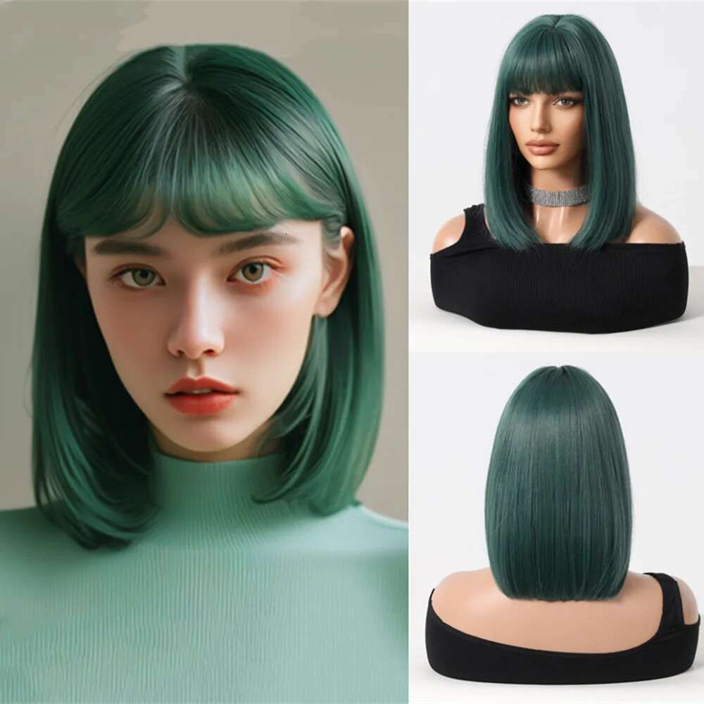 HENRY MARGU Dark Bob Synthetic Wigs Short Straight Wig Green Hair With Bangs For Women Party Cosplay Use Heat Resistant