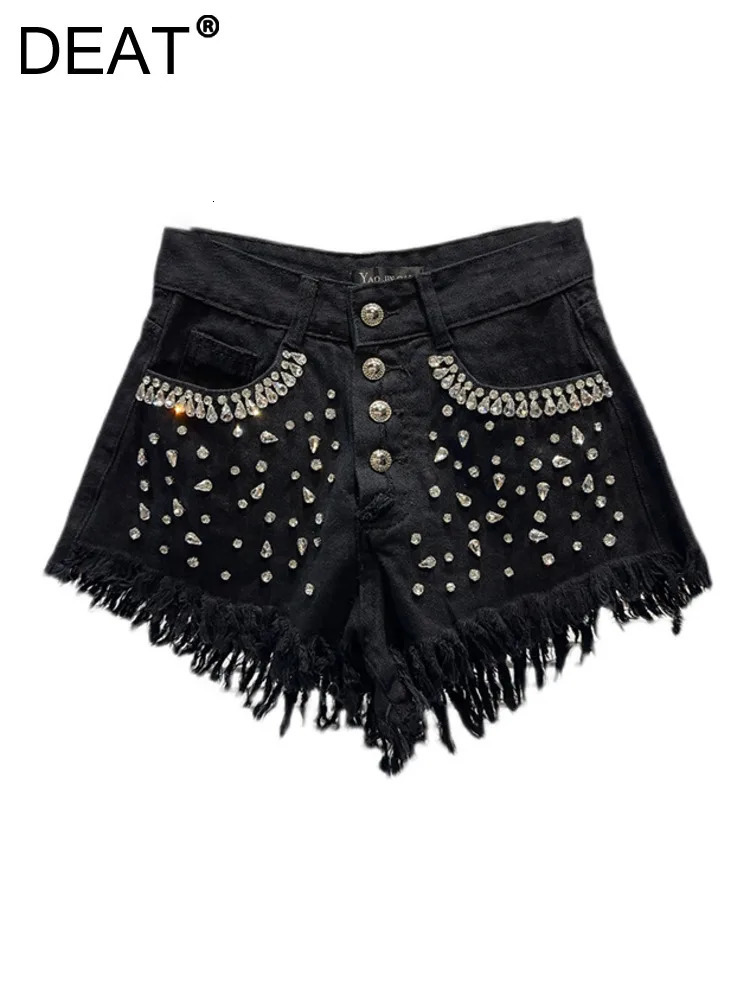 DEAT Womens Denim Shorts Shiny Rhinestone Full Diamonds Burrs Edge Wide Leg Super Short Jeans 2025 Spring Fashion 11XX3737 250227