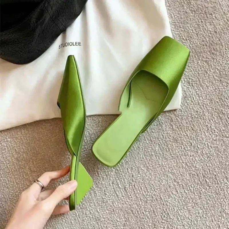 Satin Sandals Women Summer Sexy Square Head Strange Low Heel Slide Sandals Chunky Heel Elegant Mule Slippers Women 250227