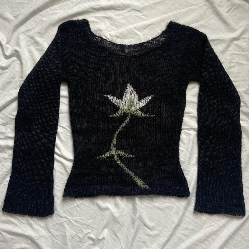 Y2K autumn and winter fashion womens pullover sweater retro flower pattern hip-hop Harajuku casual punk street slim sweater 250227
