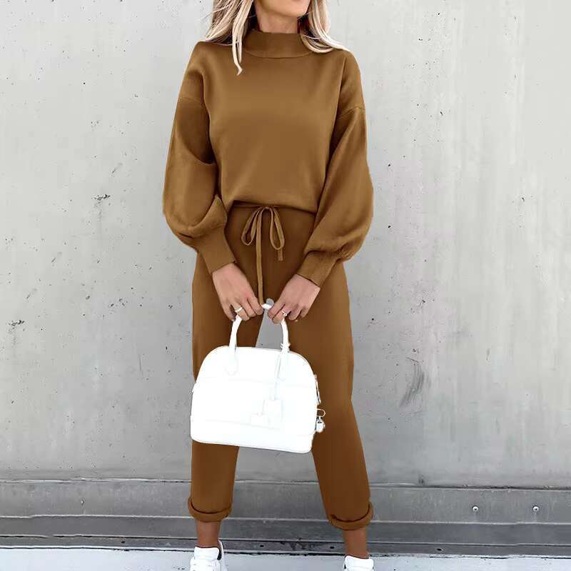 Hot Selg Women's High-Neck Hoodie Set Breathable Casual Two-Piece Adults Solid Pattern For Autumn