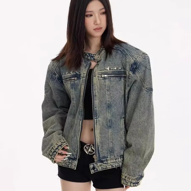 American Vintage Washed Short Denim Jacket Men Autumn Distress Coat Male Tops Fashion High Street Zipper Outwear 250225