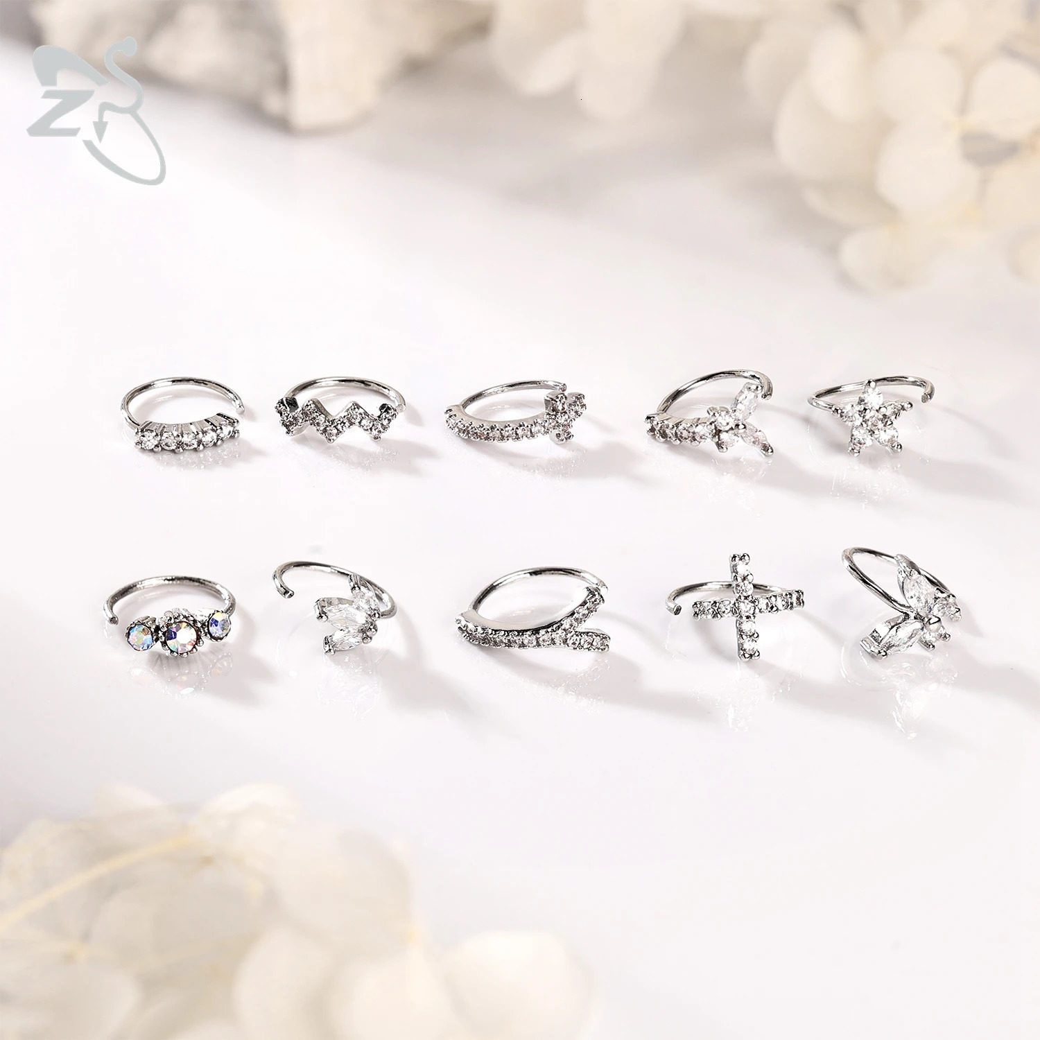 ZS 1 Set CZ Crystal Hoop Nose Ring For Women Girls Butterfly Cross Shape Nostril Piercings Ear Cartilage Helix Piercing Jewelry 250227
