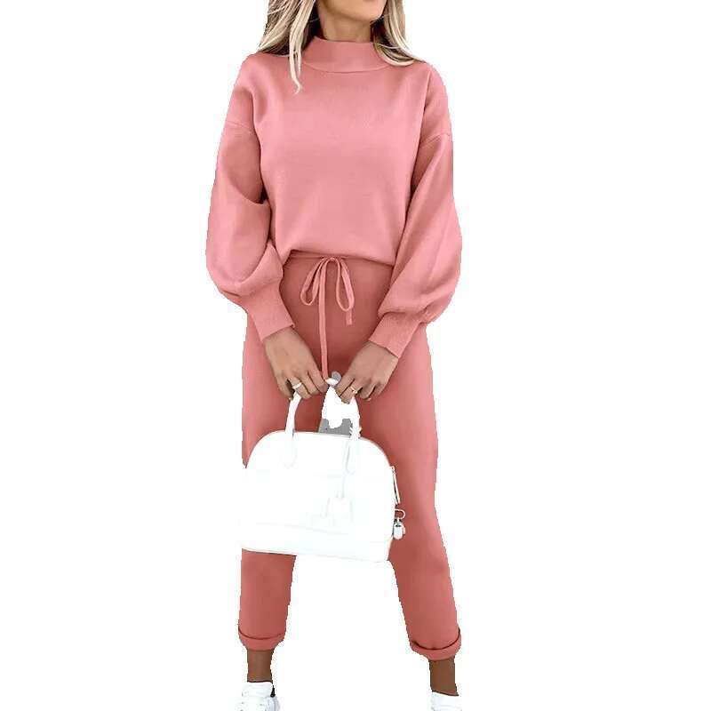 Hot Selg Women's High-Neck Hoodie Set Breathable Casual Two-Piece Adults Solid Pattern For Autumn