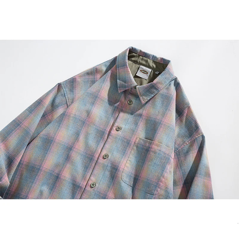 Spring long sleeved mens ultrafine fashion color checkered shirt street clothing Korean loose casual retro 250226