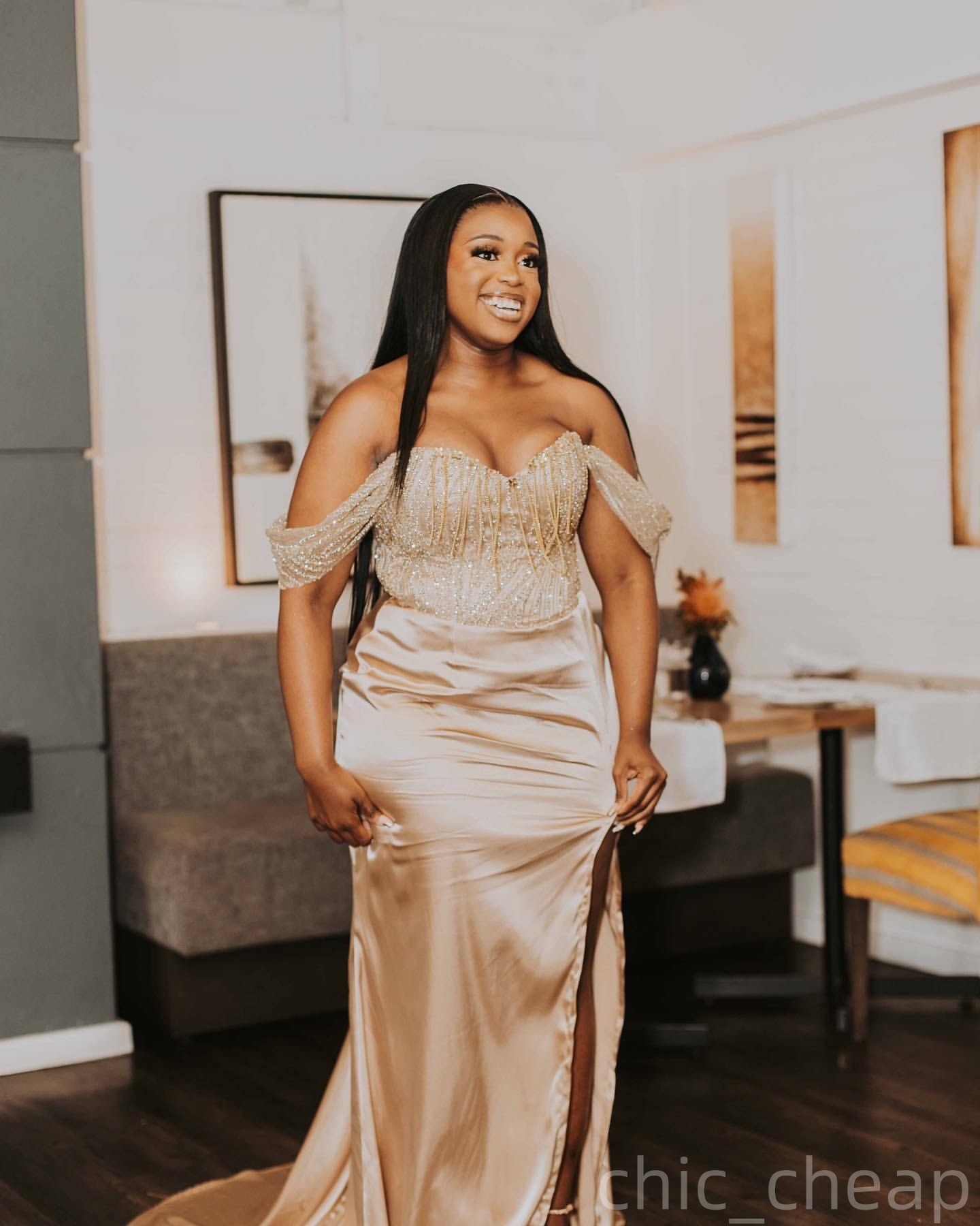 Champagne Mermaid Prom Dresses 2025 Satin Sequined Beading High Split Evening Formal Party Second Birthday Engagement Gowns Plus Size Dress For Specia