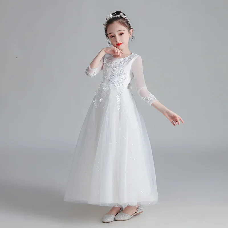Fashion Flower Girl Dresses for Weddings Lace Long Sleeve Children Bridesmaid Dresses Summer Girls Party Dresses 3-13 Years 250227