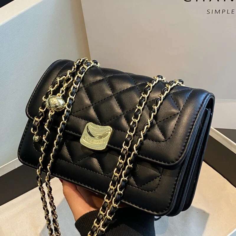 New Solid Color Shoulder Versatile Checkered Girl Crossbody Fashion Chain Women's Bag Metal Decoration PU Material