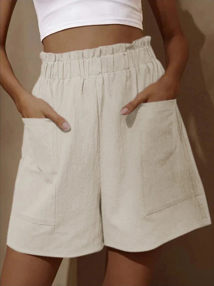 Summer Loose Large Size Casual Shorts Solid High Waist Pants Two Pockets Wide Leg Female Sport 250228Z