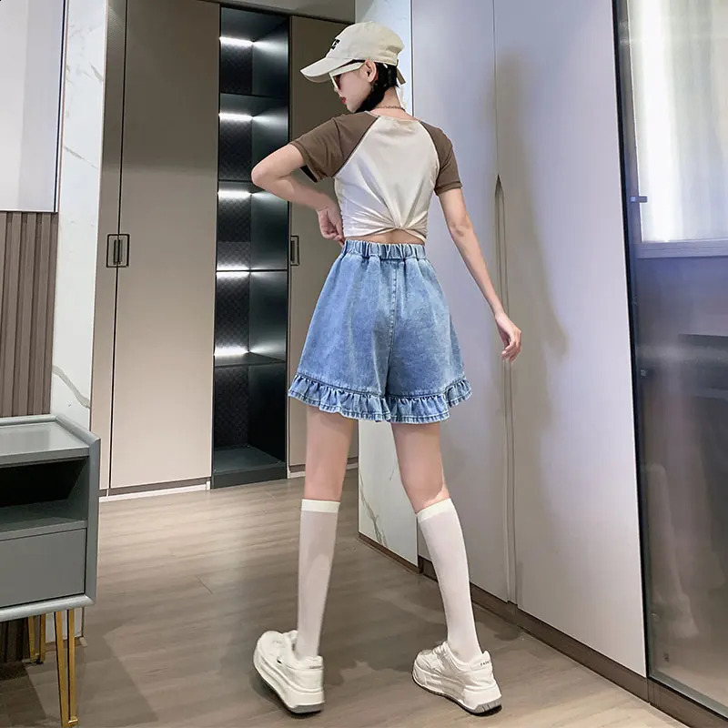 Ruffle plus size womens denim shorts for summer 2024 elastic Wassit blue Korean fashion 250228Z