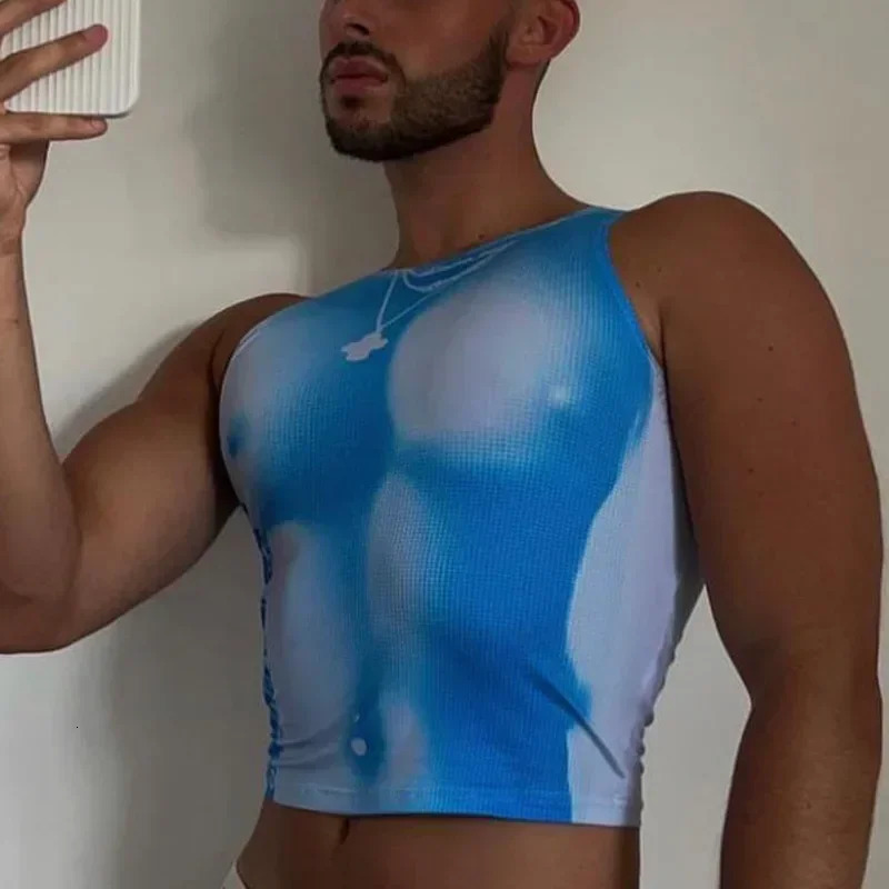 Sexy nightclub vest mens elastic ultra-thin sleeveless shoulder strap crop top mens fashionable street clothing vest Y2K printed basic top vest 250226