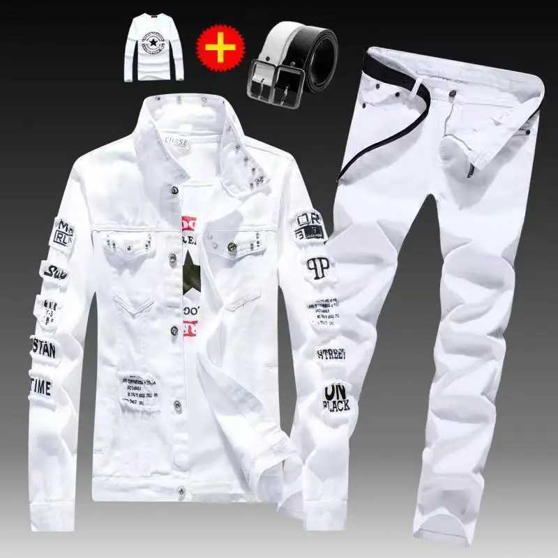 Spring Autumn Mens Denim Jacket + Jeans Pants Set Fashion Single Breasted Coat Trousers Two Piece Denim suit X250228