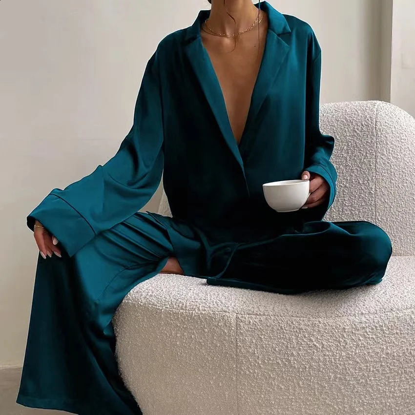 Women Silk Pajamas Lce Silk Loose Low Cut Sexy Single Breasted Long Sleeved Wide Leg Pants Can Be Worn Externally 250226