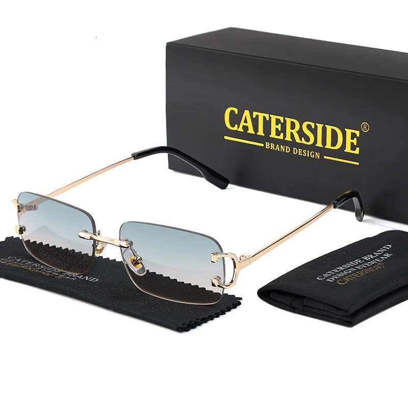CATERSIDE Blue Rectangular Sunglasses Men Rimless Metal Fashion Square Sun Glasses For Women Gradient Lens Outdoor Eyewear UV400