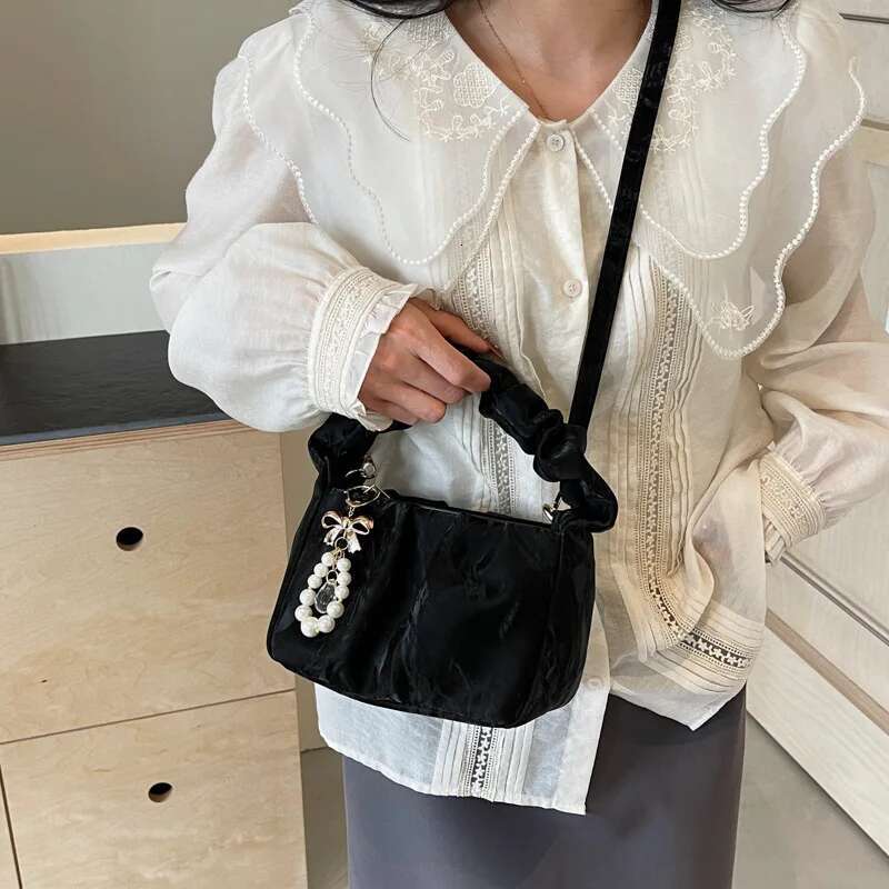 Fashion Chinese Girls Shoulder Handbag Tote Wrinkled Clouds Women's Underarm Bag Pearl Decoration PU Material