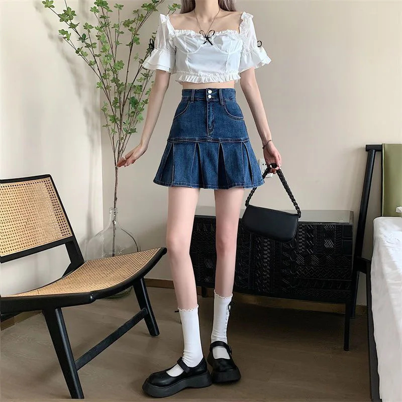 Lucyever Korean Style Pleated Denim Skirt Ladies Fashion High Waist A-Line Mini Skirts Women 2025 Summer Jean Short Skirts 250227