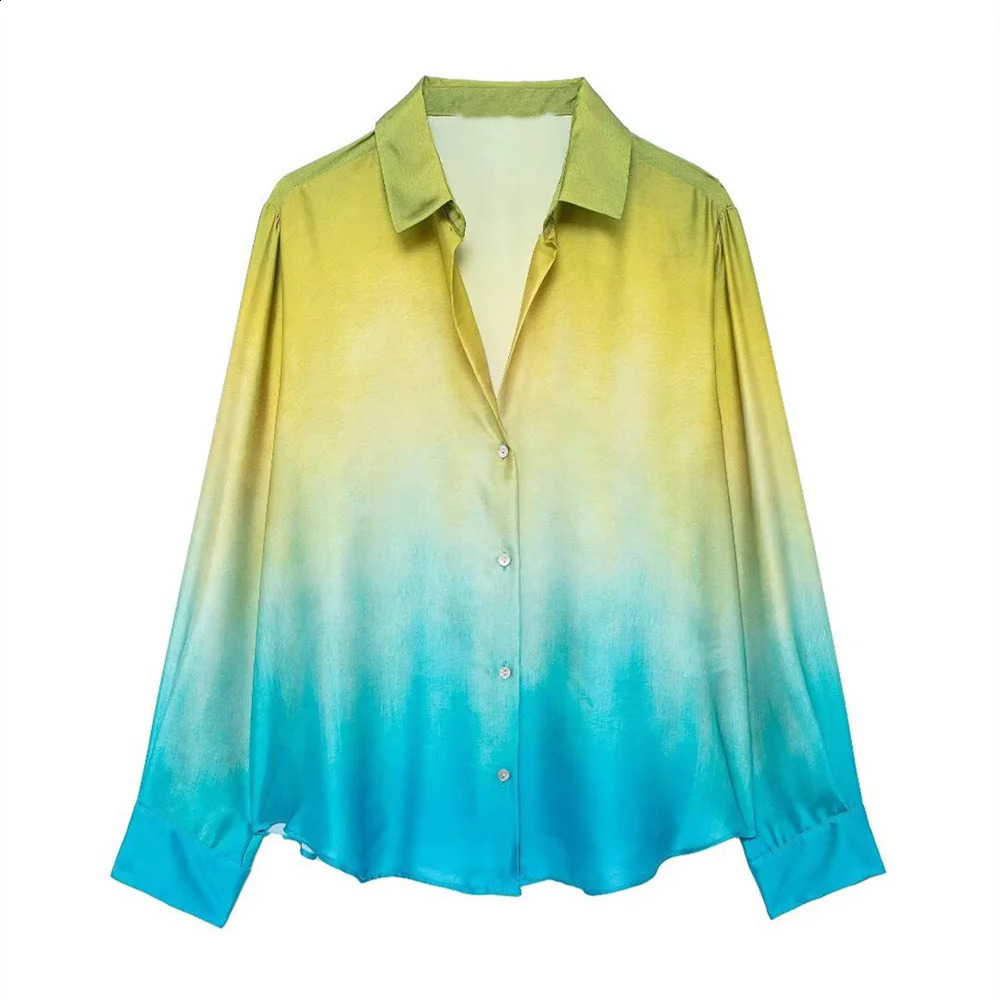 TRAF Autumn womens fashionable casual loose collar long sleeved tie dye printed shirt high waist wide leg pants set 250228