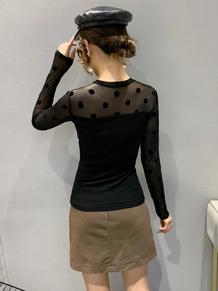 Spring Autumn 2025 Sexy Sheer Tops Long Sleeve Polka Dot Shirt Round Neck Flocking Women T shirt 250228