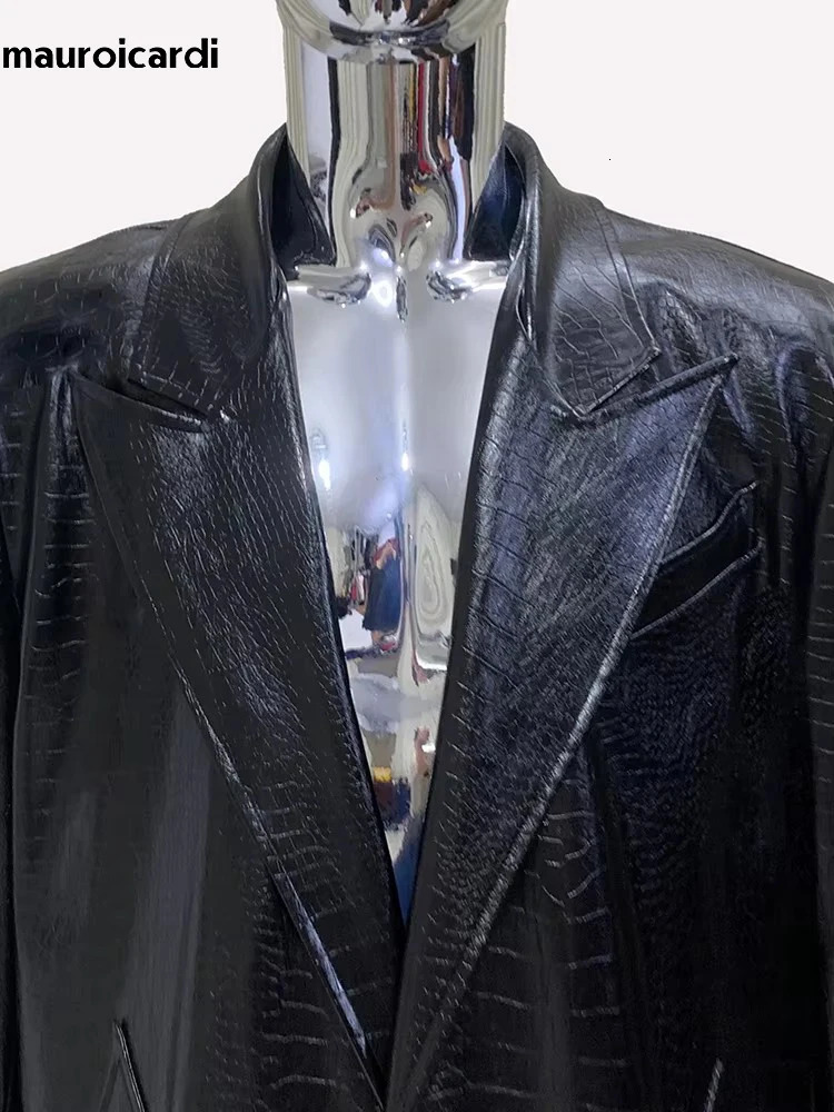 Mauroicardi Spring Autumn Maxi Black Print Pu Leather Trench Coat Men Single Breasted European Fashion 250225