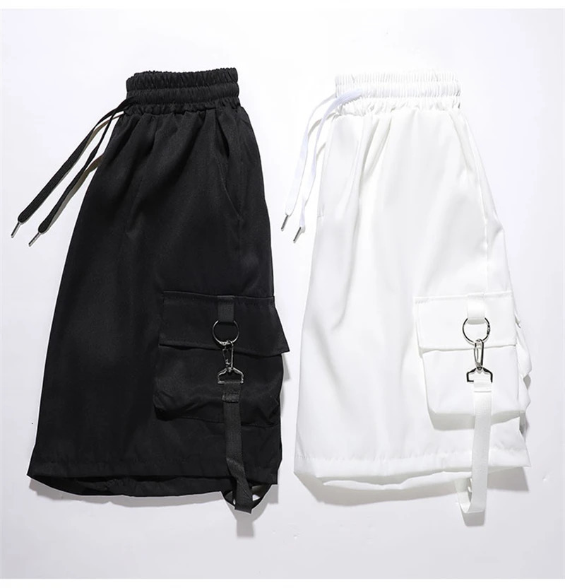Mens multi pocket cargo short sleeved elastic waist wide leg pocket knee long short sleeved mens loose top E175 250225