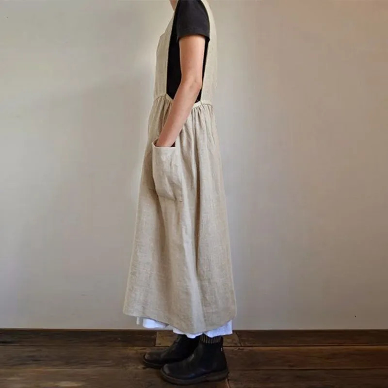 3 Color Oversized S-5XL Loose Cotton Linen Apron Midi Dress For Women Casual Pocket Homewear Solid Color Kitchen Uniform 250226