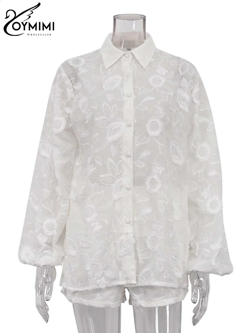 Oymimi Women's White Jacquard Button Shirt and High Waist Skinny Slim Shorts Set - Acetate Wrist Sleeve Top, Casual Vacation Two-Piece Summer Outfit - view 5