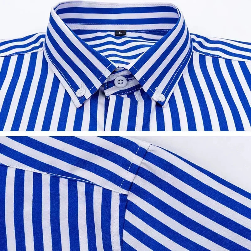 Mens Stretch AntiWrinkle Striped Shirt Formal Business Dress for Man Long Sleeve Slim Fit Casual Plaid Shirts S5XL 250226