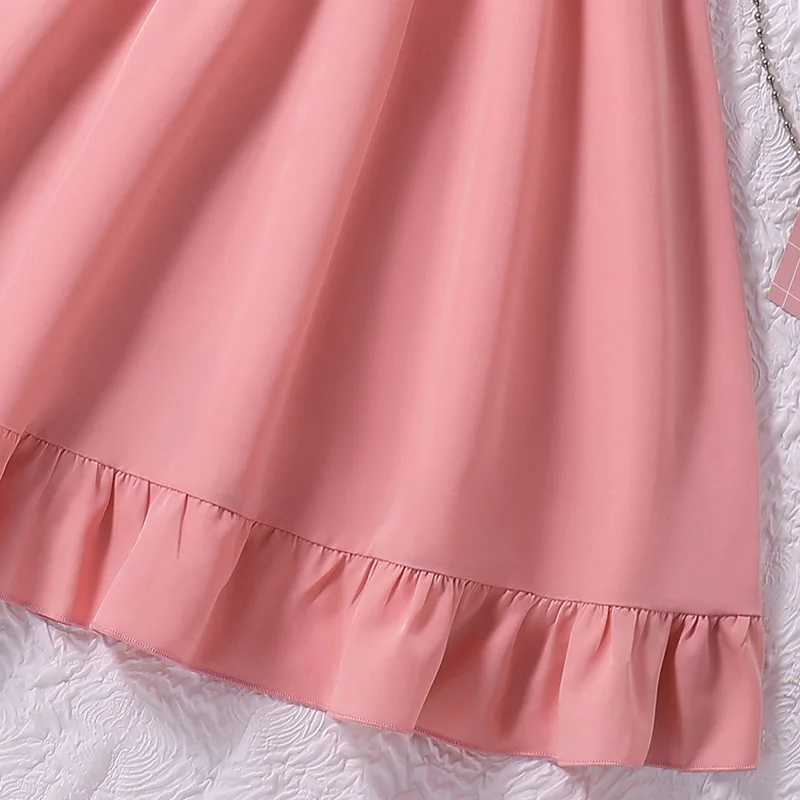 8-12Ys Pink Short-Sleeved Dress Kids Girls Round Neck Fashion Grace Cute Sweet Vacation For Daily Casual Princess DressXJ250228