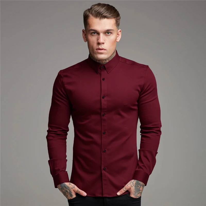 Autumn Fashion Long Sleeve Shirt Mens Spring Super Slim Fit Casual Social Business Dress Men Gym Fitness Sports Clothing 250226