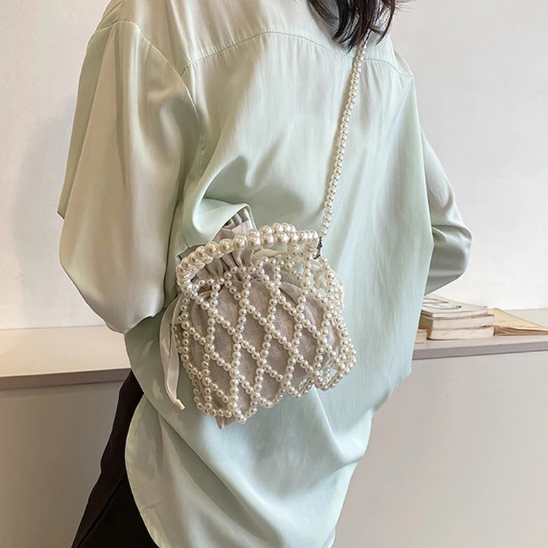 Handmade Pearl Bag Sweet Shoulder Tote Bead Handbag Women Summer Party Small Bucket Purse 250221