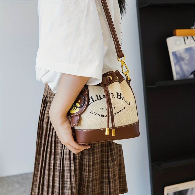 Letter Graphic Bucket Bag For Women - Canvas ing Crossbody Bag, Drawstring Shoulder Purse With Pendant