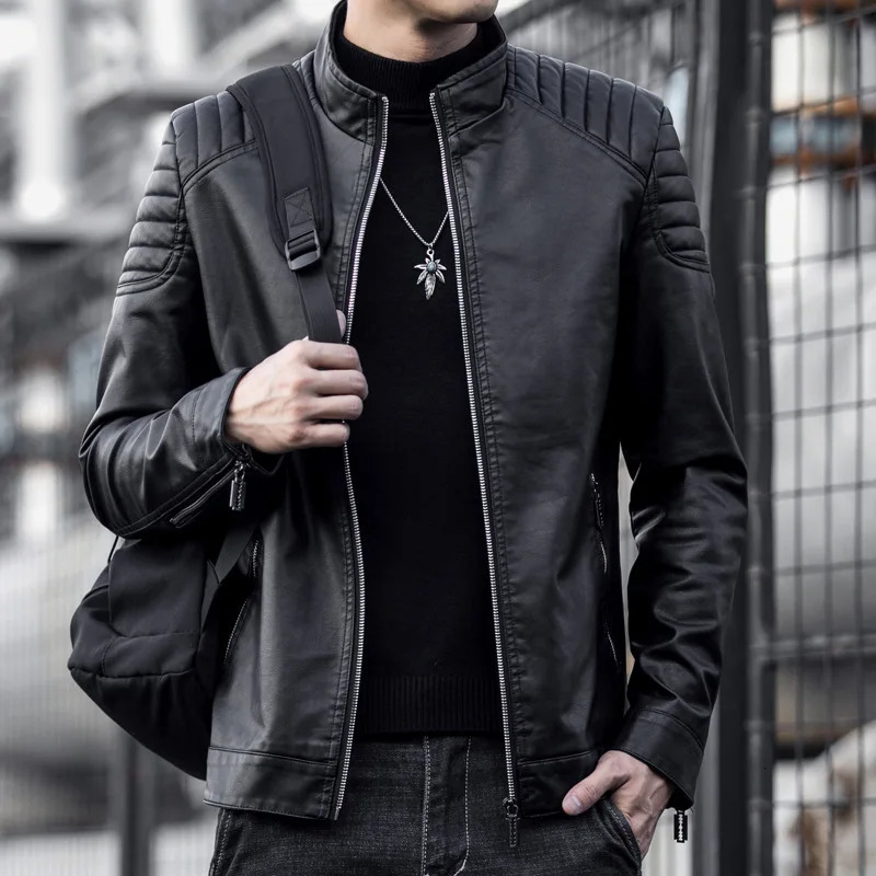 2024 Moto Pu Leather Jacket Men Winter Leahter Male Stand Collar Casual Windbreaker Trendy Mens Clothing Black Blue 250225