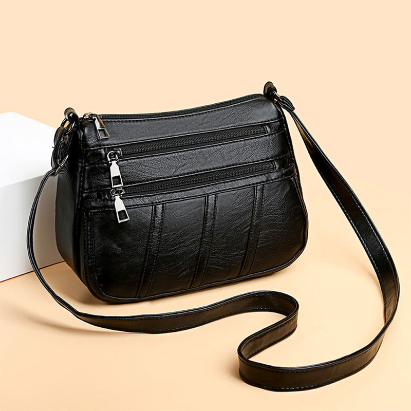 Ship from US Fashion Ladies Retro Style Cross Body Bag PU Leather Casual Messenger Shoulder Handbag Long Strap Black with Compartments 250227FBB