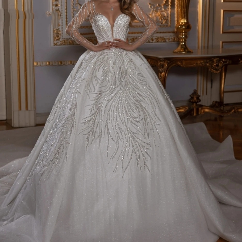 Classic A e Women Wedding Sweetheart Neck Long Sleeves Bridal Gowns Sequins Lace Sweep Train Dress Custom Made