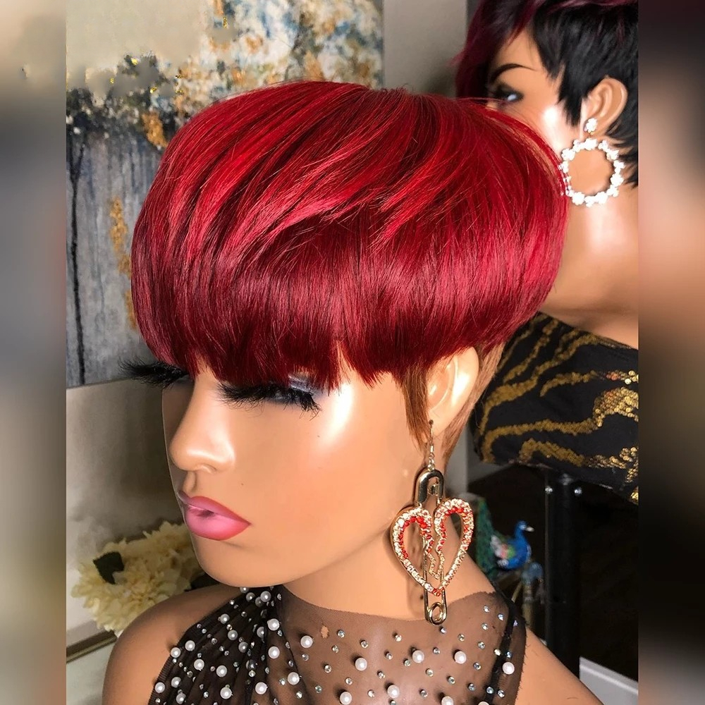 Free shipping 180density Brown Ombre Red Wigs for Women Short Layered Pixie Cut Human Hair Natural Black/brown Hd Transparent Lace Frontal Wig