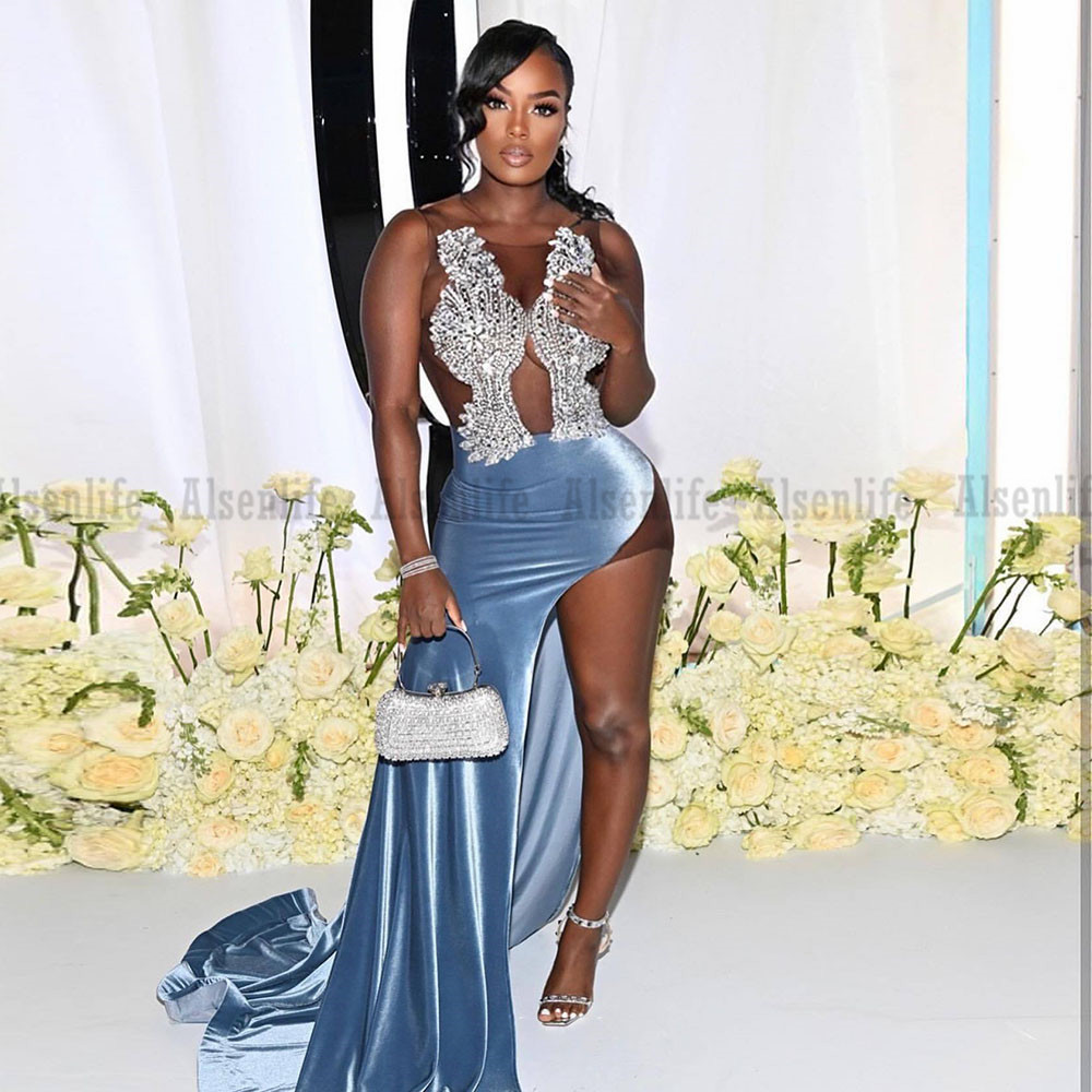Luxury Blue Mermaid Prom Dresses 2025 Black Girls Graduation Party Dress African Women Slit Evening Gowns Customized