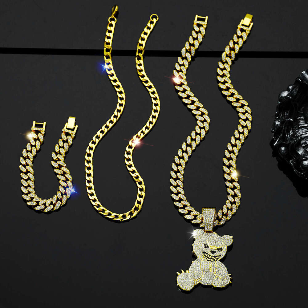 Jewelry Fashion Full Dia Bear Pendant Necklace Men's Hip Hop Cuban Chain Bracelet Three Piece Set